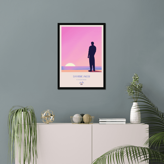 tropical art print framed on wall with plants and soft lighting