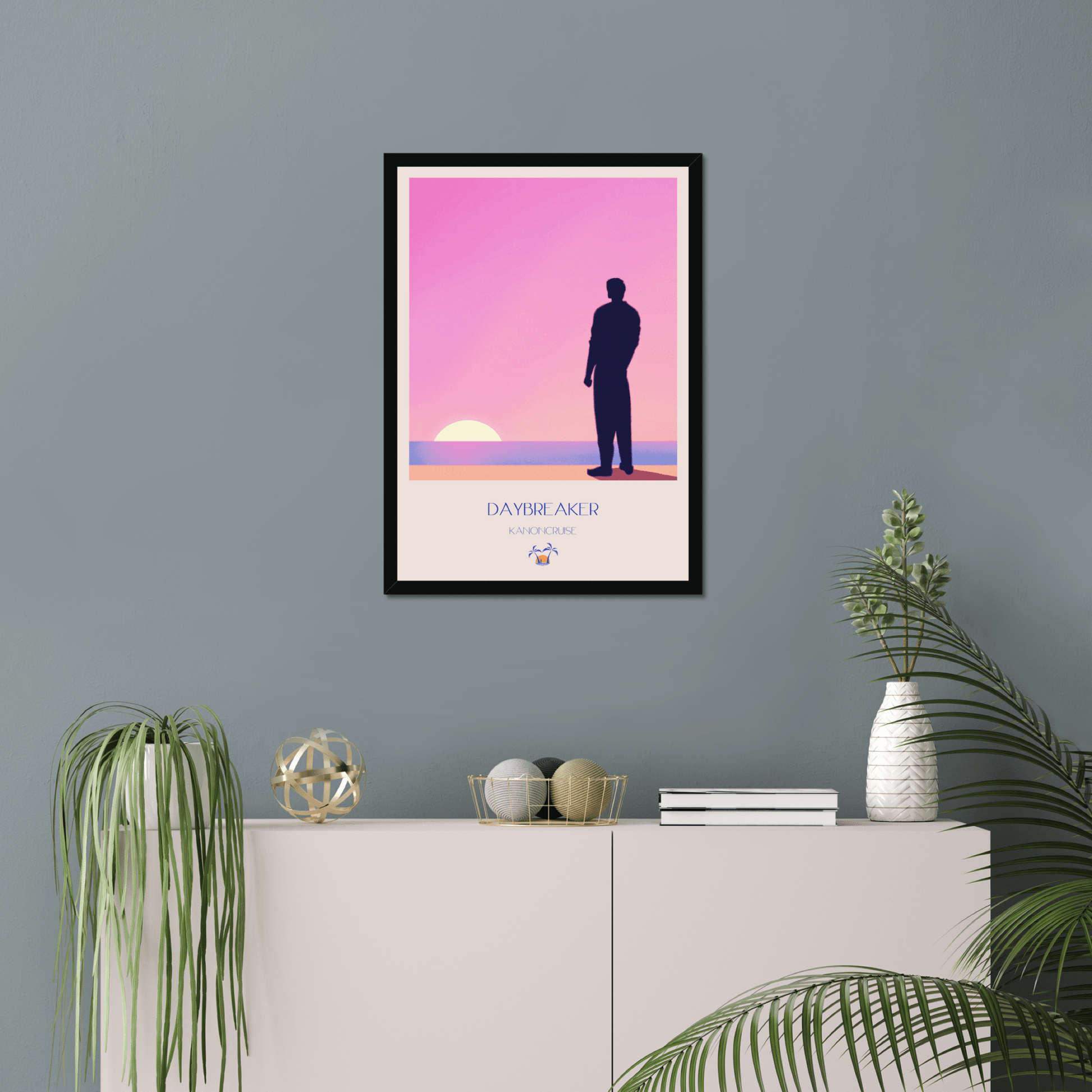 tropical art print framed on wall with plants and soft lighting