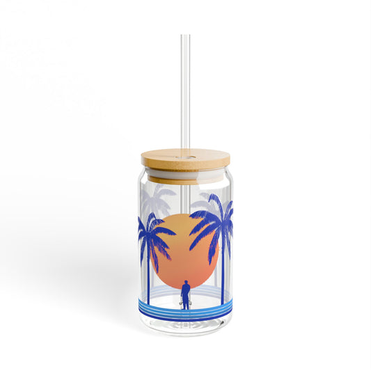 tropical glass tumbler with palm tree sunset design and bamboo lid