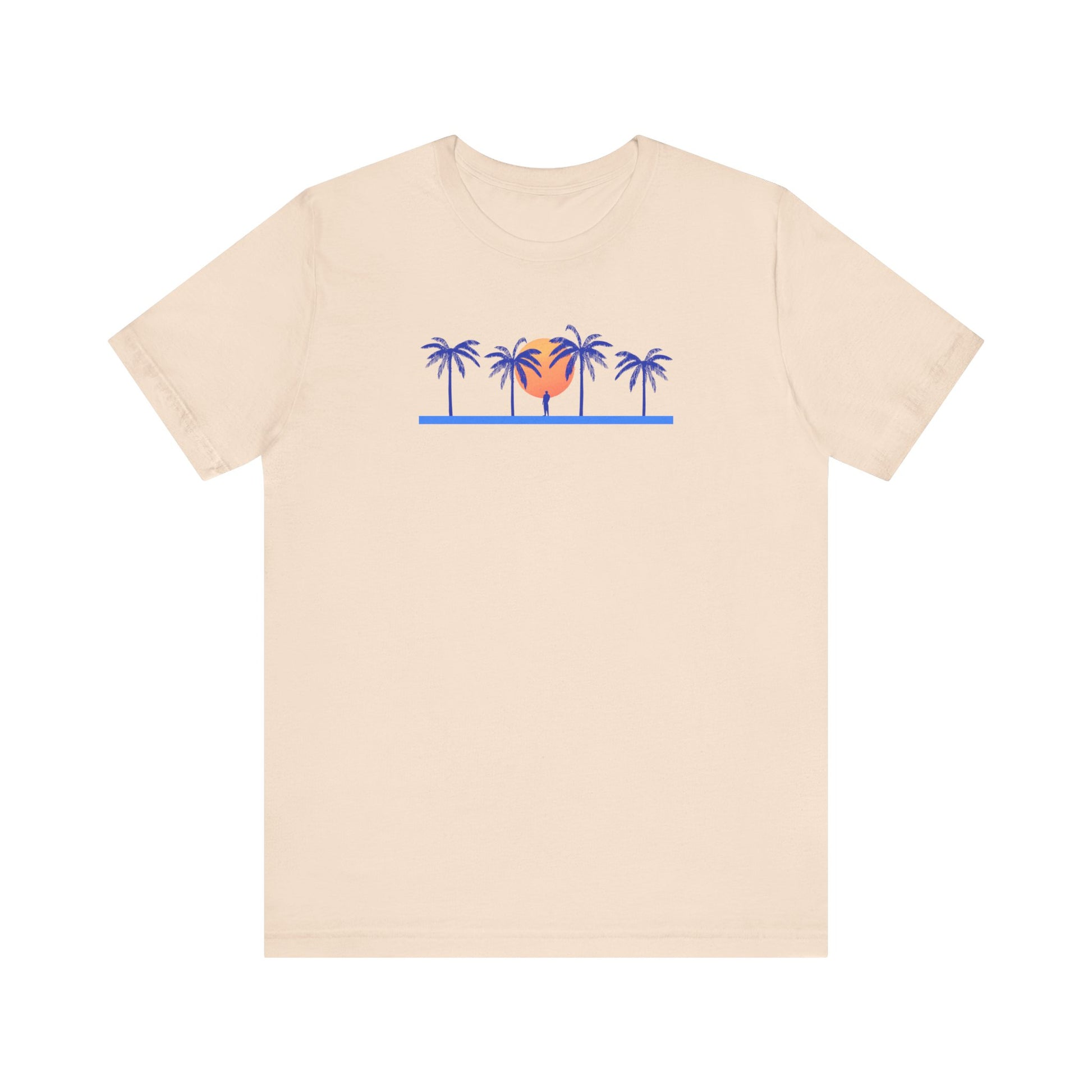 Retro unisex tropical beige t-shirt with palm trees and sunset illustration