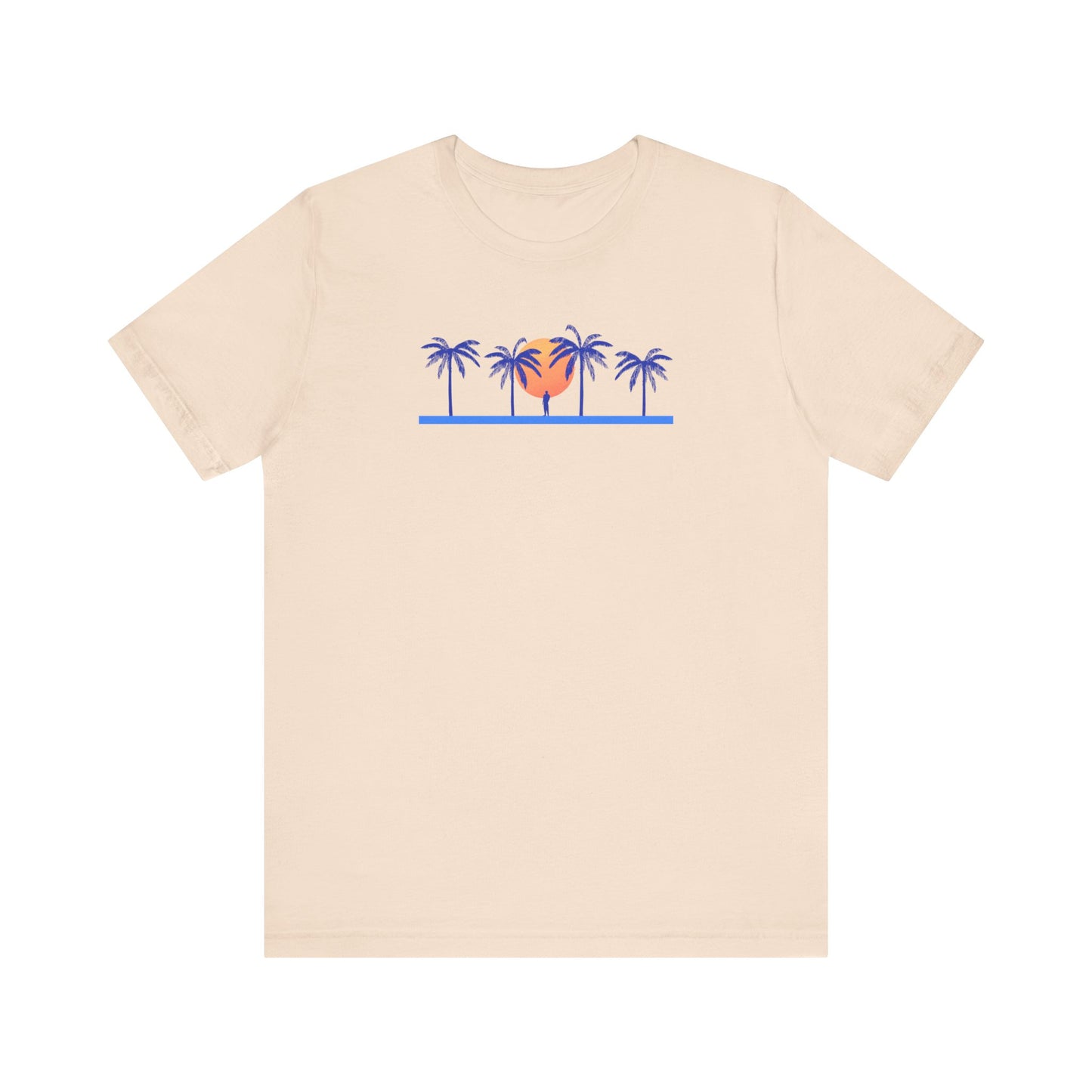 Retro unisex tropical beige t-shirt with blue palm trees and sunset illustration