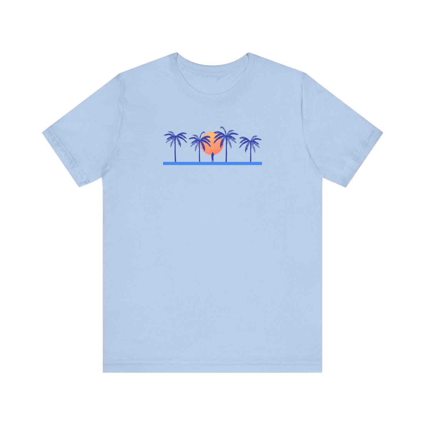Retro unisex tropical blue t-shirt with blue palm trees and sunset illustration
