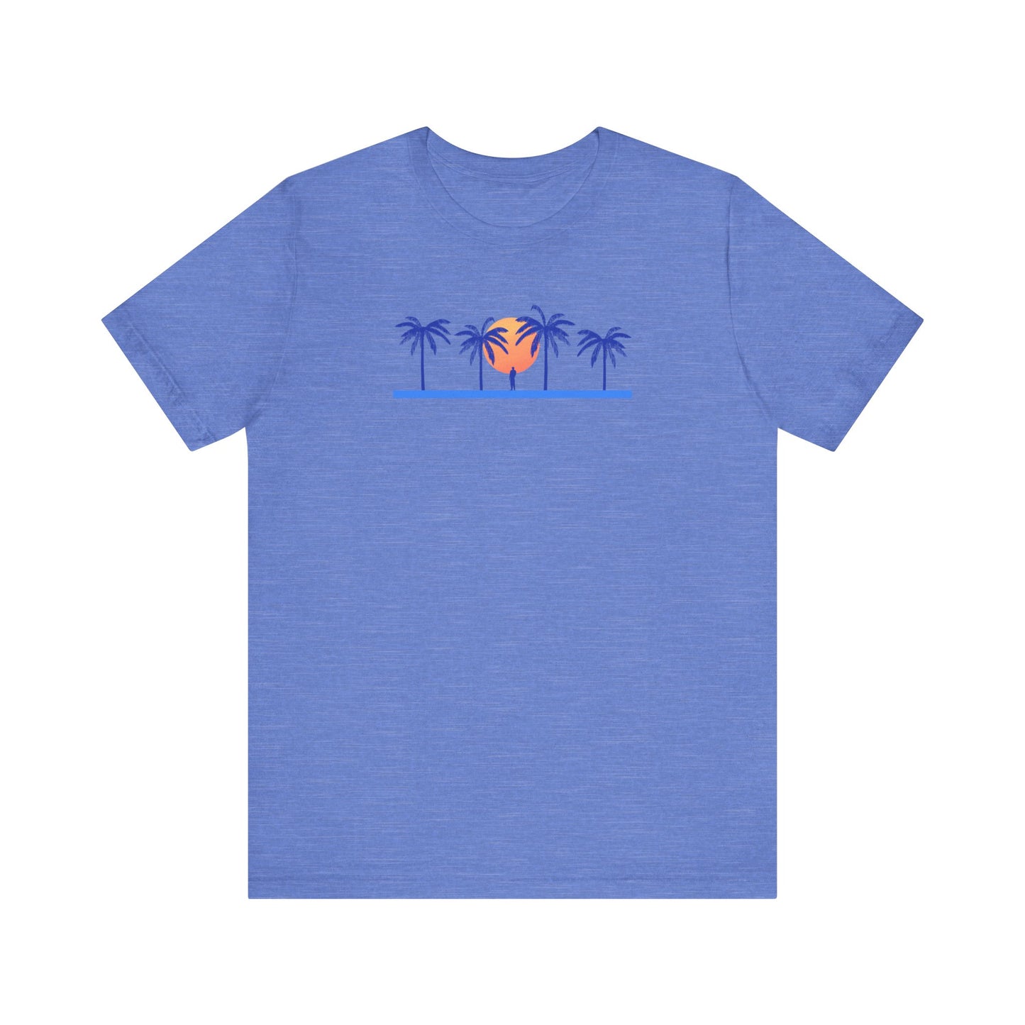 Retro unisex tropical heather blue t-shirt with blue palm trees and sunset illustration