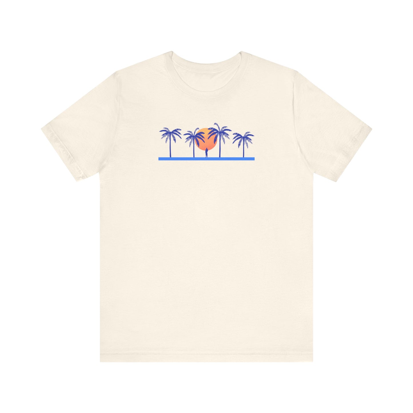 Retro unisex tropical light beige t-shirt with blue palm trees and sunset illustration