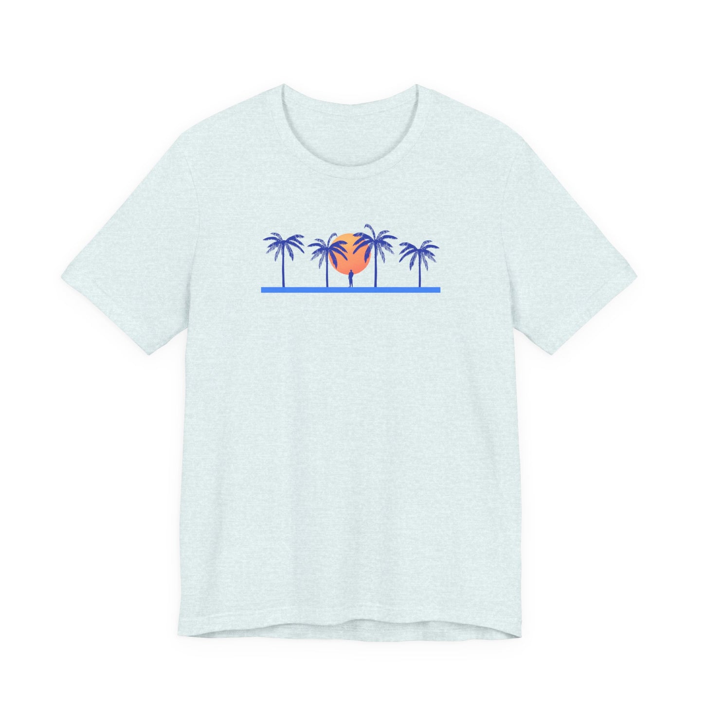 Retro unisex tropical light blue t-shirt with palm trees and sunset illustration