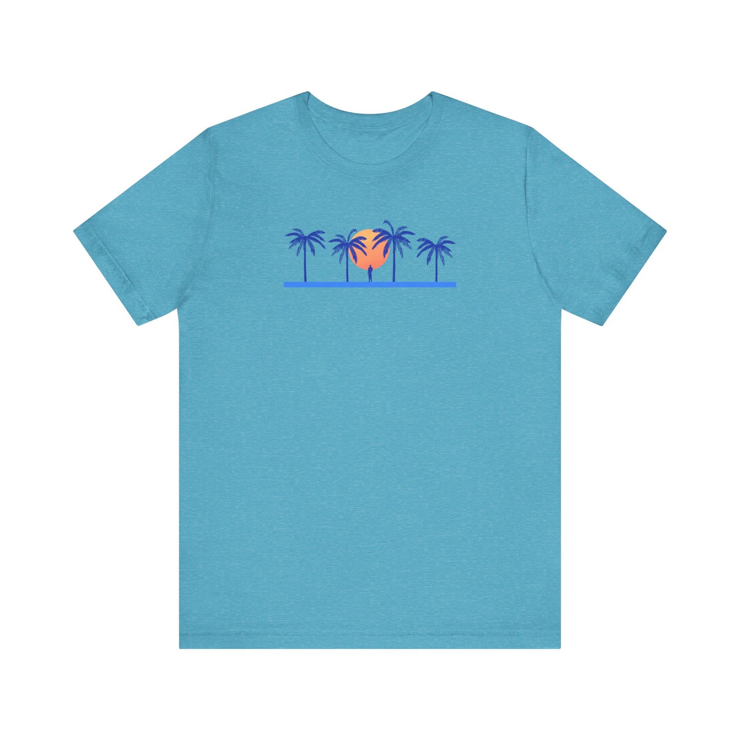 Retro unisex tropical light blue t-shirt with blue palm trees and sunset illustration