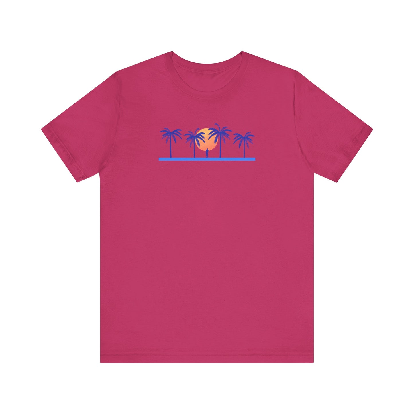 Retro unisex tropical magenta t-shirt with blue palm trees and sunset illustration