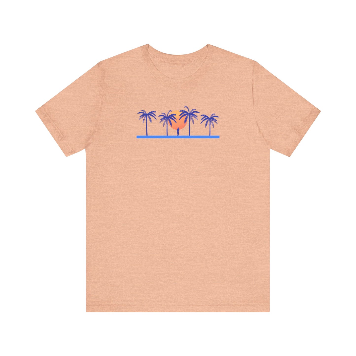 Retro unisex tropical orange t-shirt with palm trees and sunset illustration