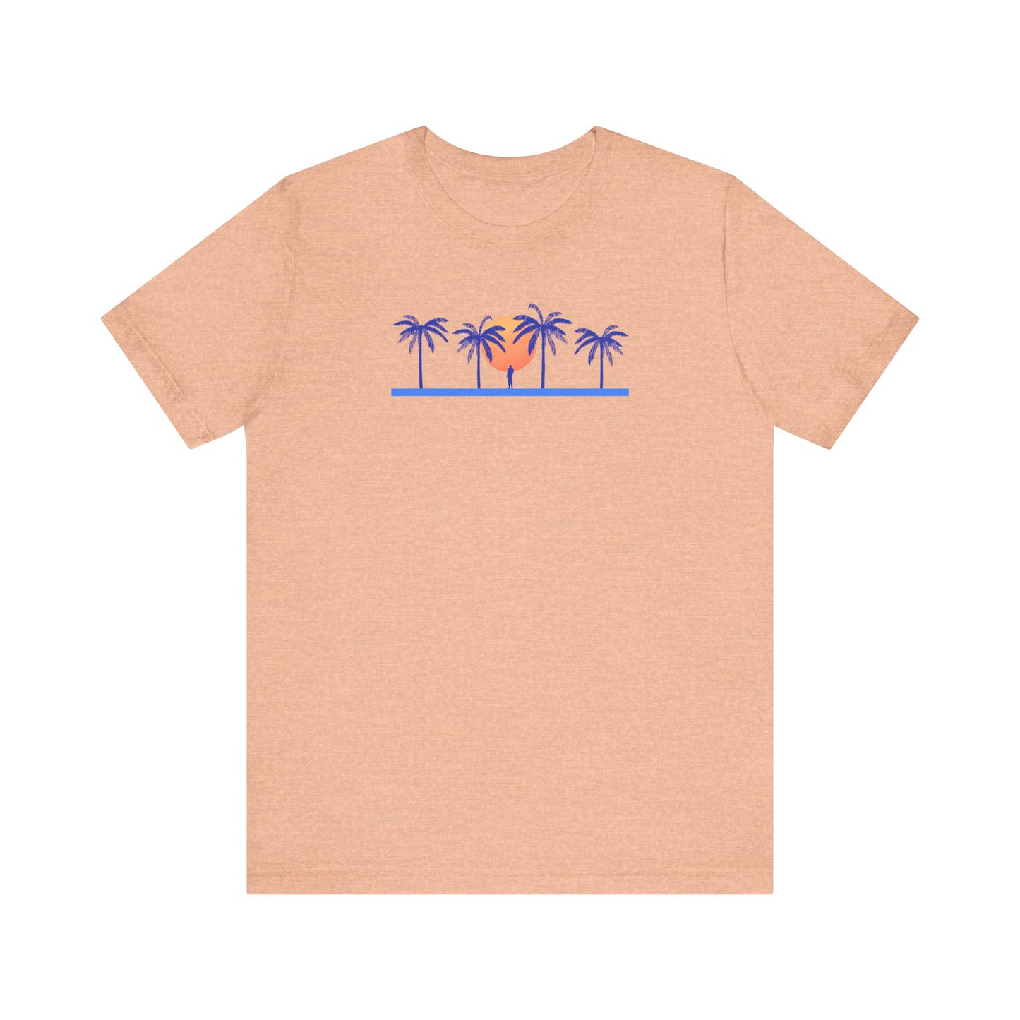 Retro unisex tropical orange t-shirt with blue palm trees and sunset illustration and white background