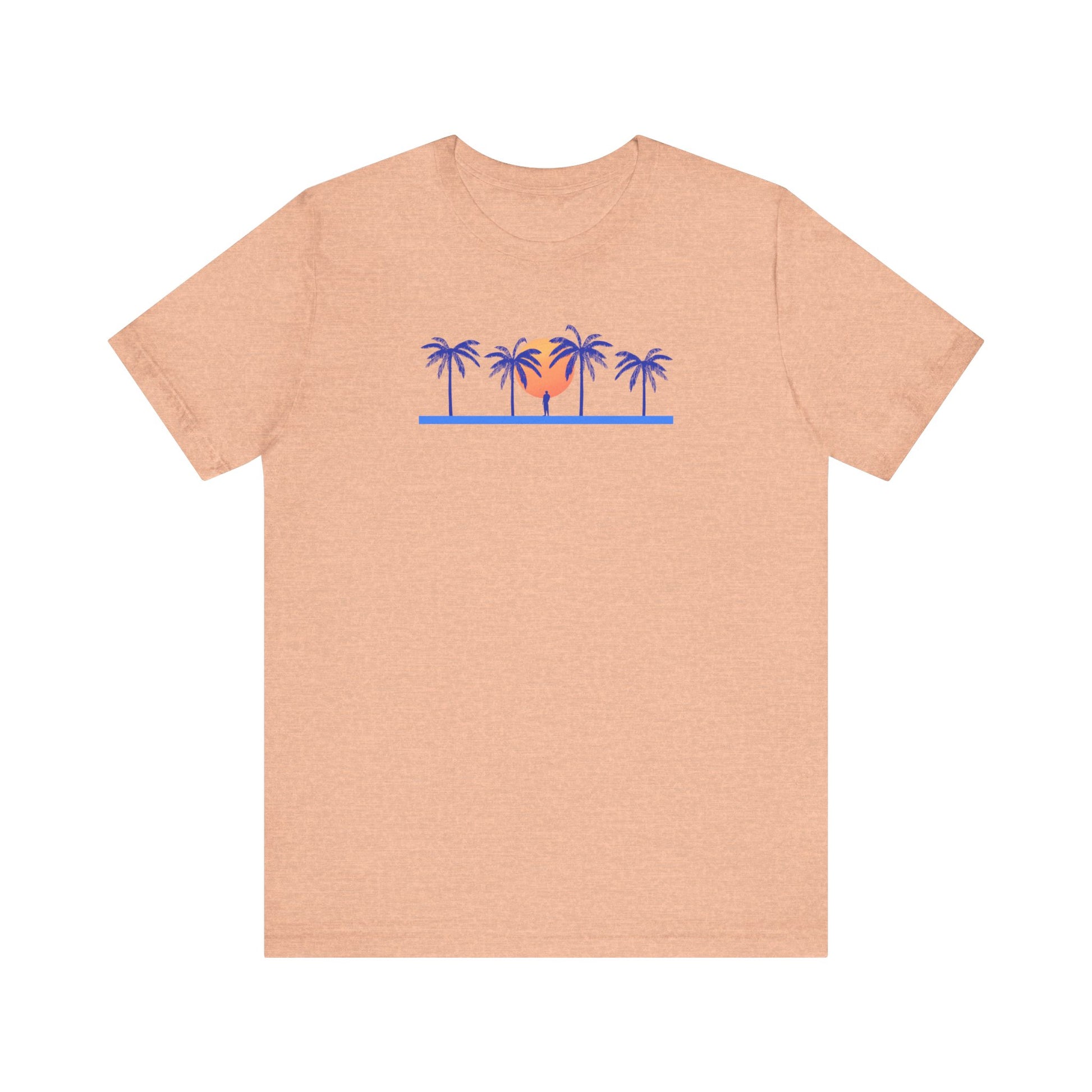 Retro unisex tropical orange t-shirt with blue palm trees and sunset illustration and white background
