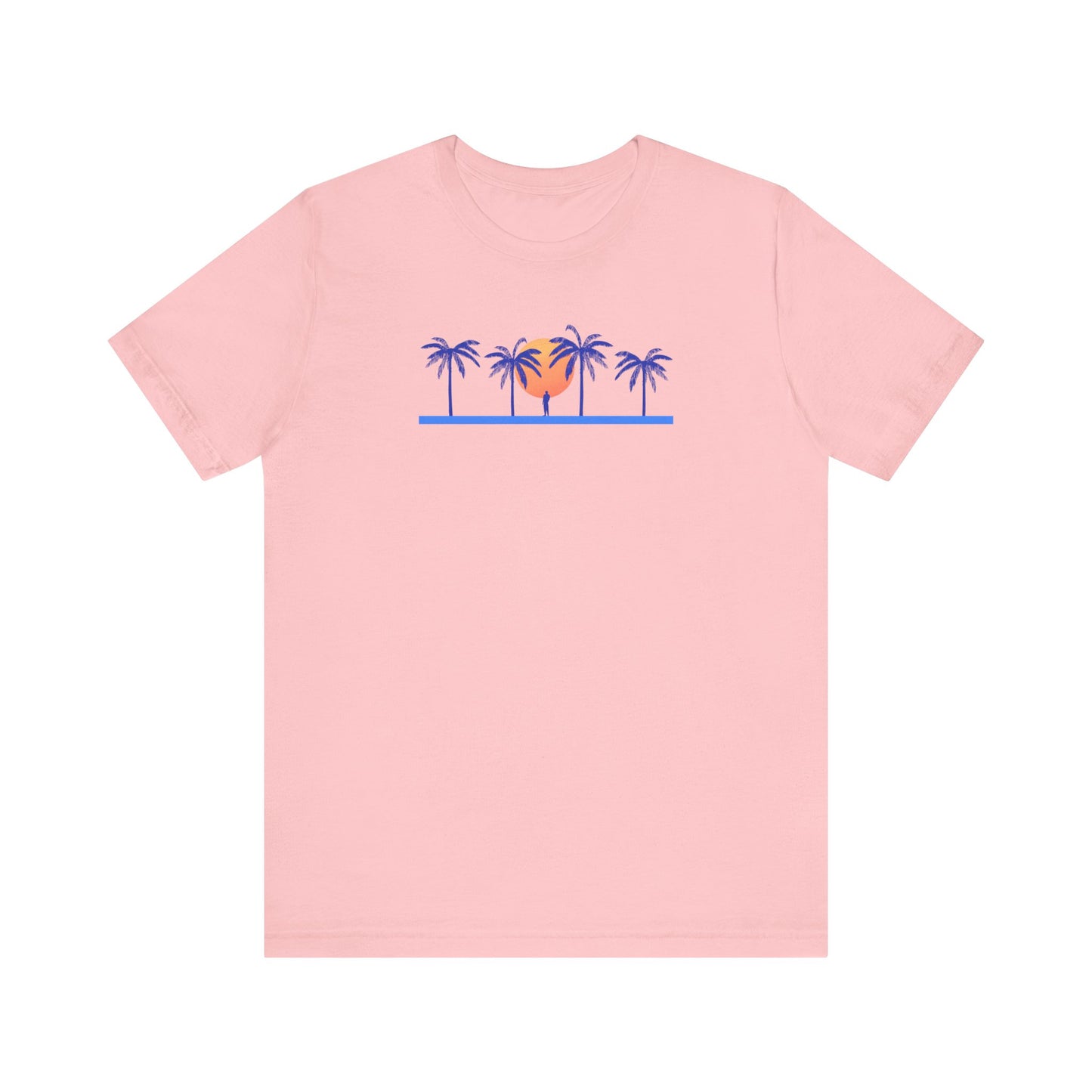 Retro unisex tropical pink t-shirt with palm trees and sunset illustration