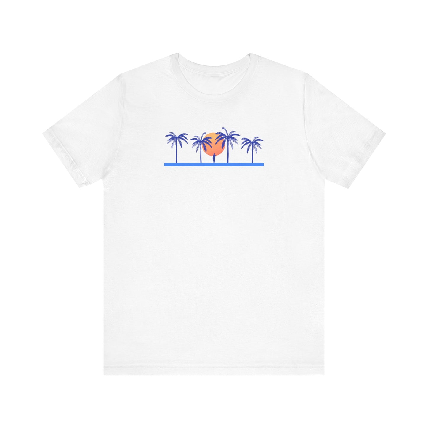 Retro unisex tropical white t-shirt with blue palm trees and sunset illustration